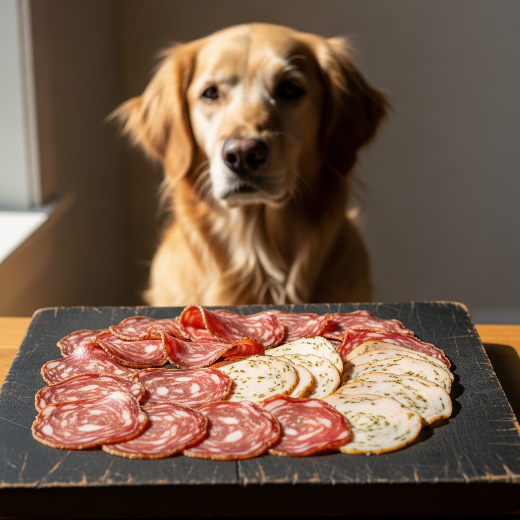 Lonchas de pavo curado servidas en una tabla rústica junto a un perro tranquilo mirando la comida.