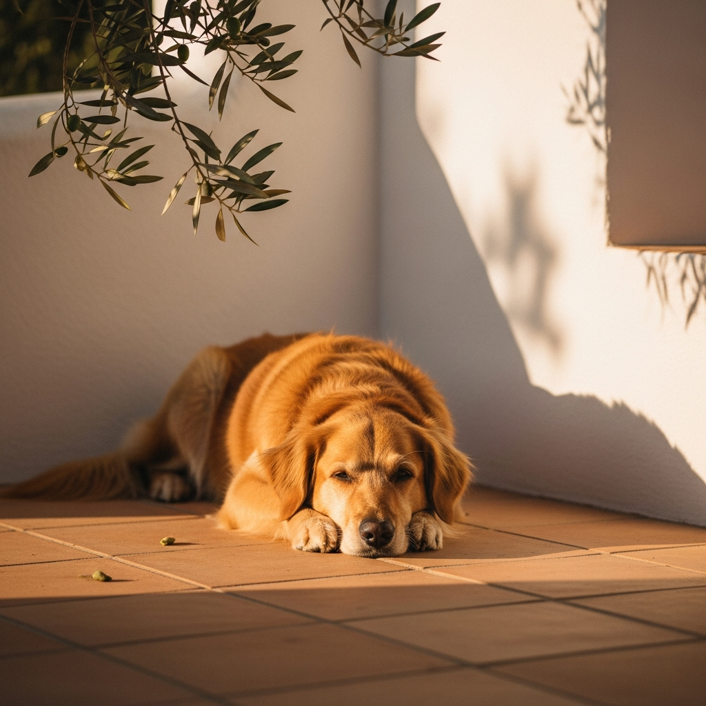 Perro descansando en una terraza mediterránea de Mallorca con baldosas de barro y un olivo, luz cálida de tarde.